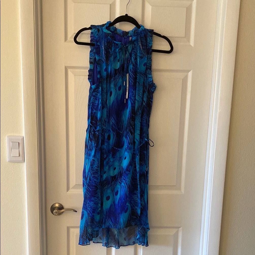 Elegant Silk Blue Feather Print Dress